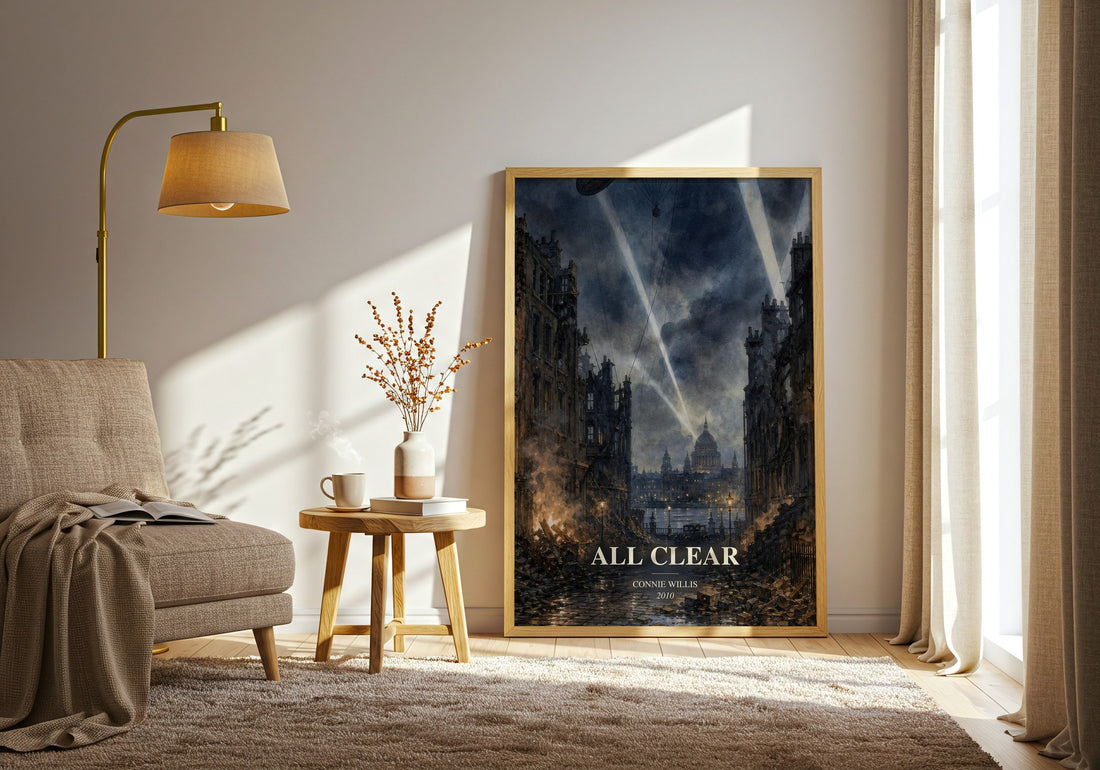 All Clear watercolour print in frame leaning in hallway – sci fi wall art