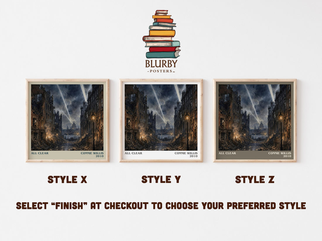 All Clear literary print in frame leaning in hallway – sci fi wall art (mockup)