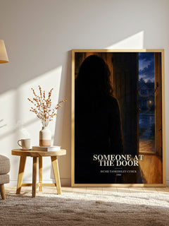 Someone at the door watercolour print in frame leaning in hallway – thriller wall art