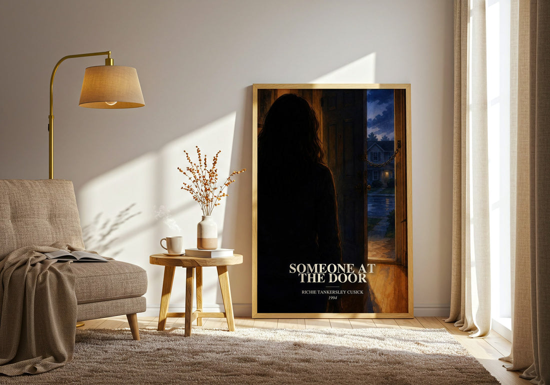 Someone at the door watercolour print in frame leaning in hallway – thriller wall art