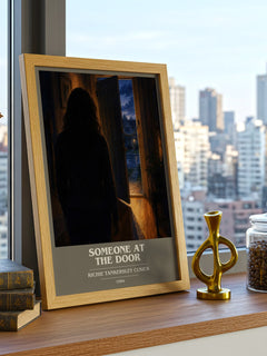 Someone at the door book cover print framed by window – literary home decor