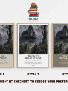 Trick or Treat (Point) bookish print in frame leaning in hallway – horror wall art