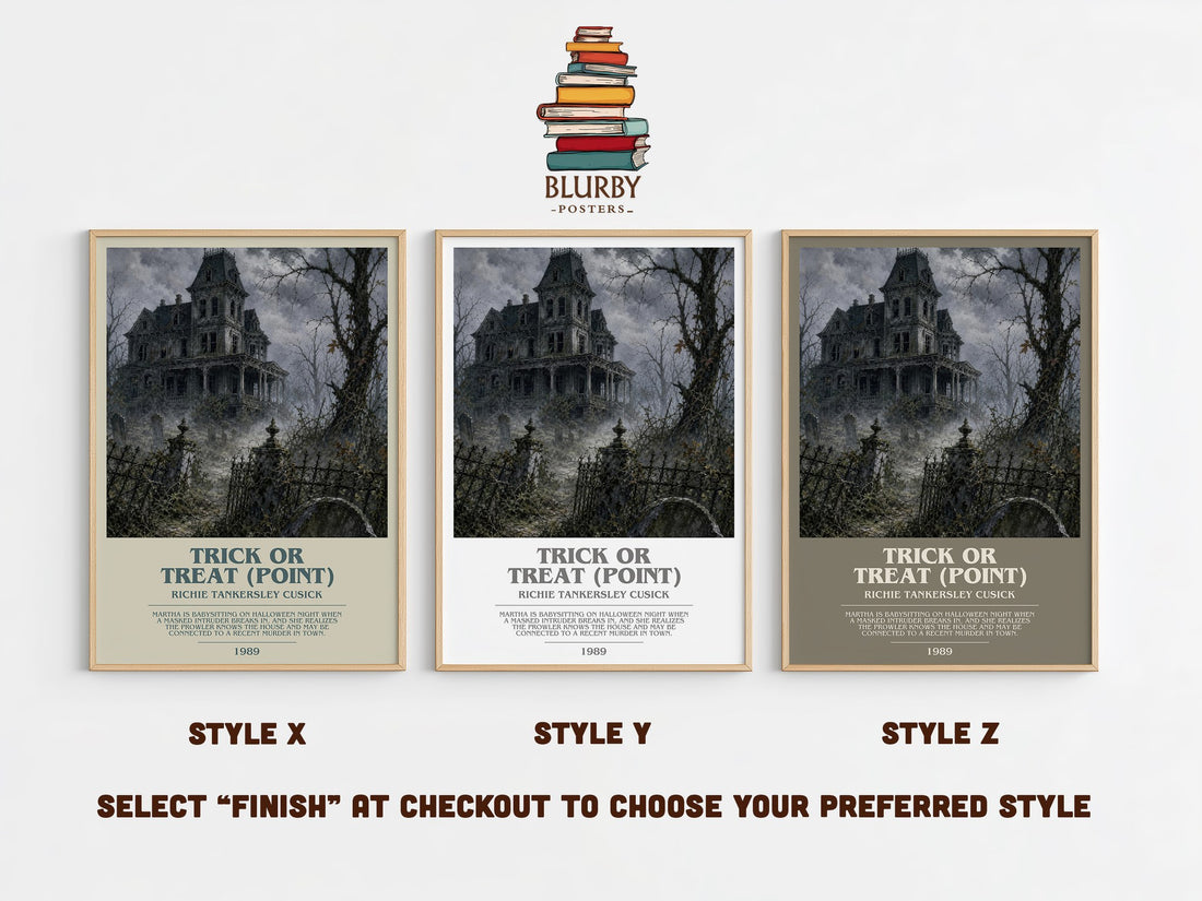 Trick or Treat (Point) bookish print in frame leaning in hallway – horror wall art (mockup)
