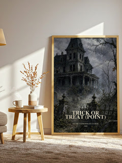 Trick or Treat (Point) watercolour print in frame leaning in hallway – horror wall art