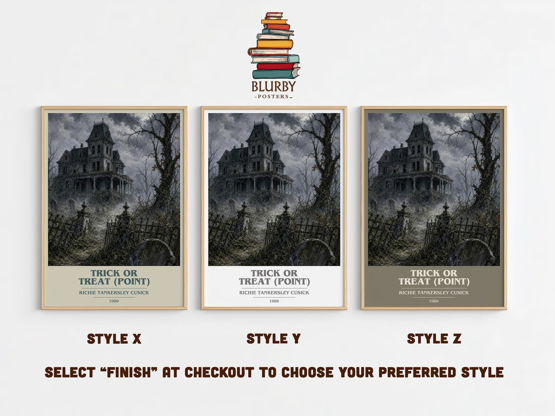 Trick or Treat (Point) book cover print in frame leaning in hallway – horror wall art (mockup)