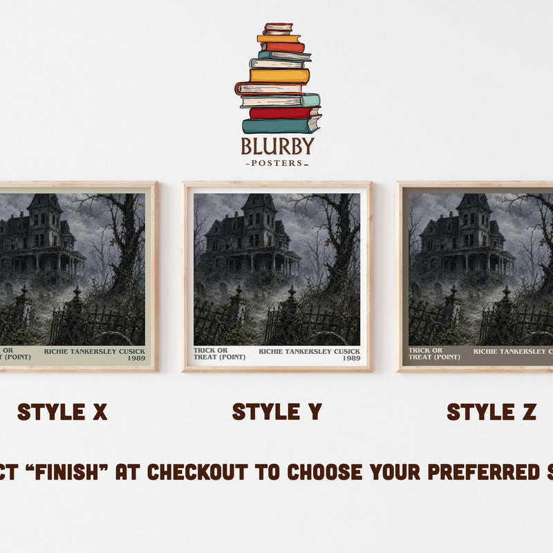 Trick or Treat (Point) literary print in frame leaning in hallway – horror wall art