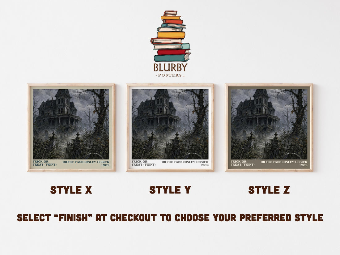 Trick or Treat (Point) literary print in frame leaning in hallway – horror wall art (mockup)