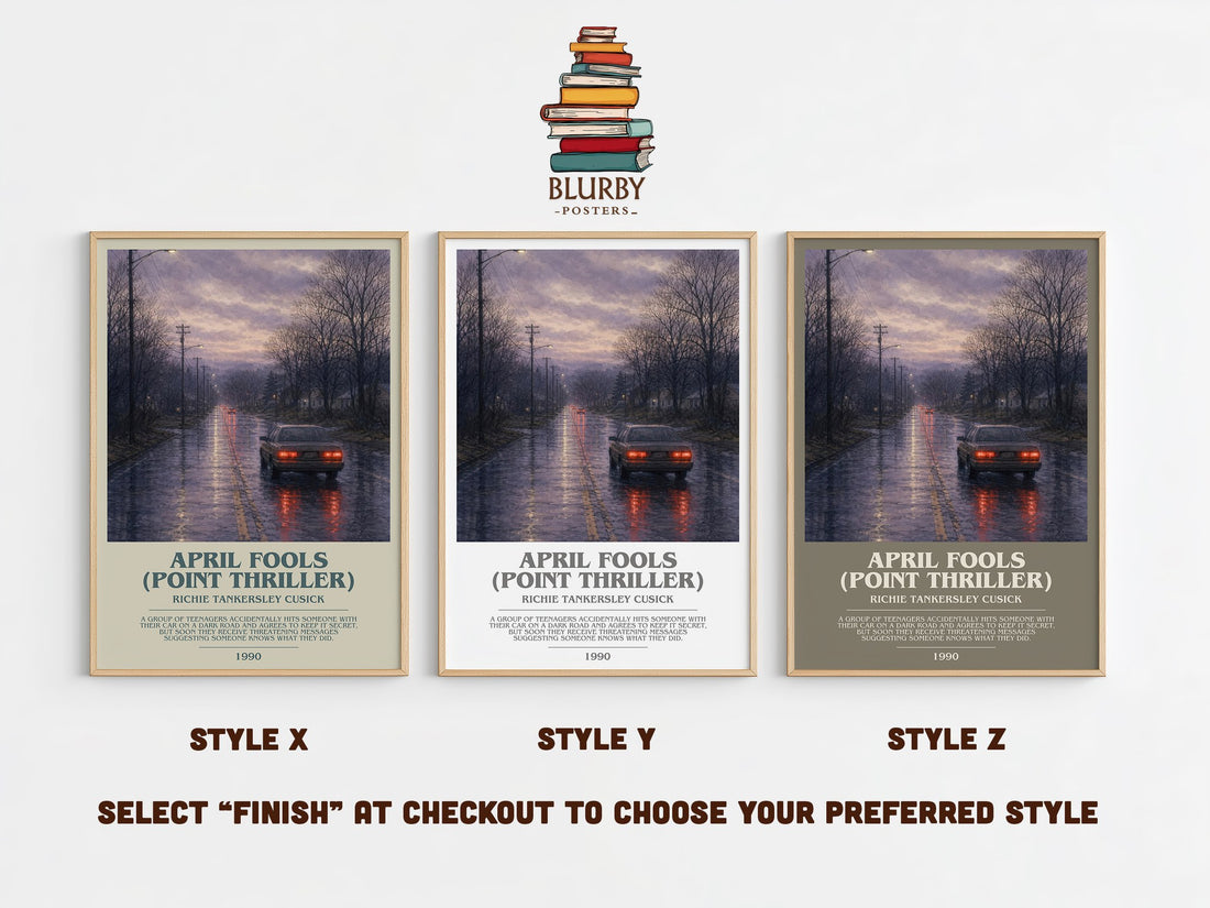 April Fools (Point Thriller) bookish print in frame leaning in hallway – thriller wall art (mockup)