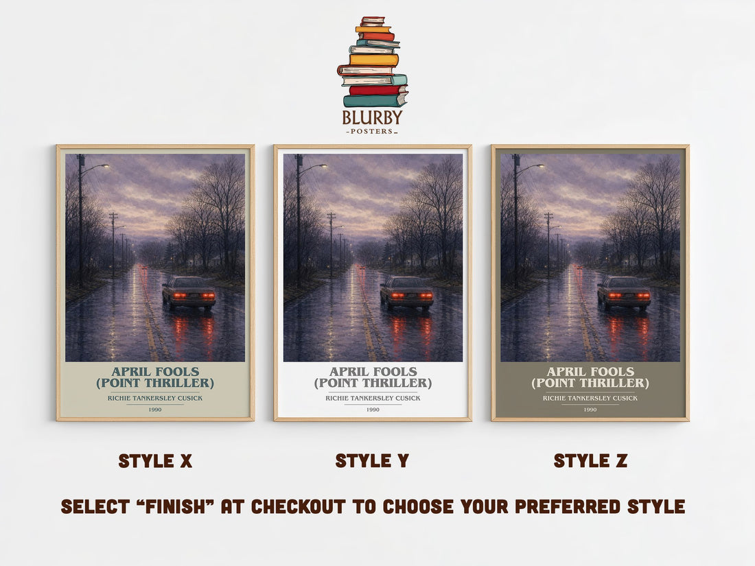 April Fools (Point Thriller) book cover print in frame leaning in hallway – thriller wall art (mockup)