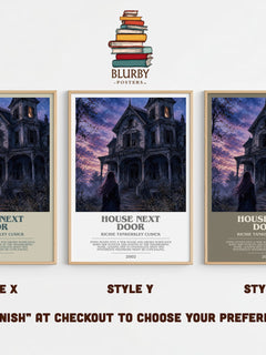House Next Door bookish print in frame leaning in hallway – thriller wall art