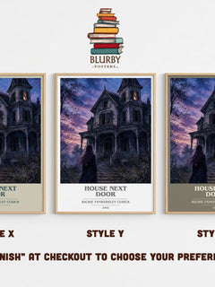 House Next Door book cover print in frame leaning in hallway – thriller wall art