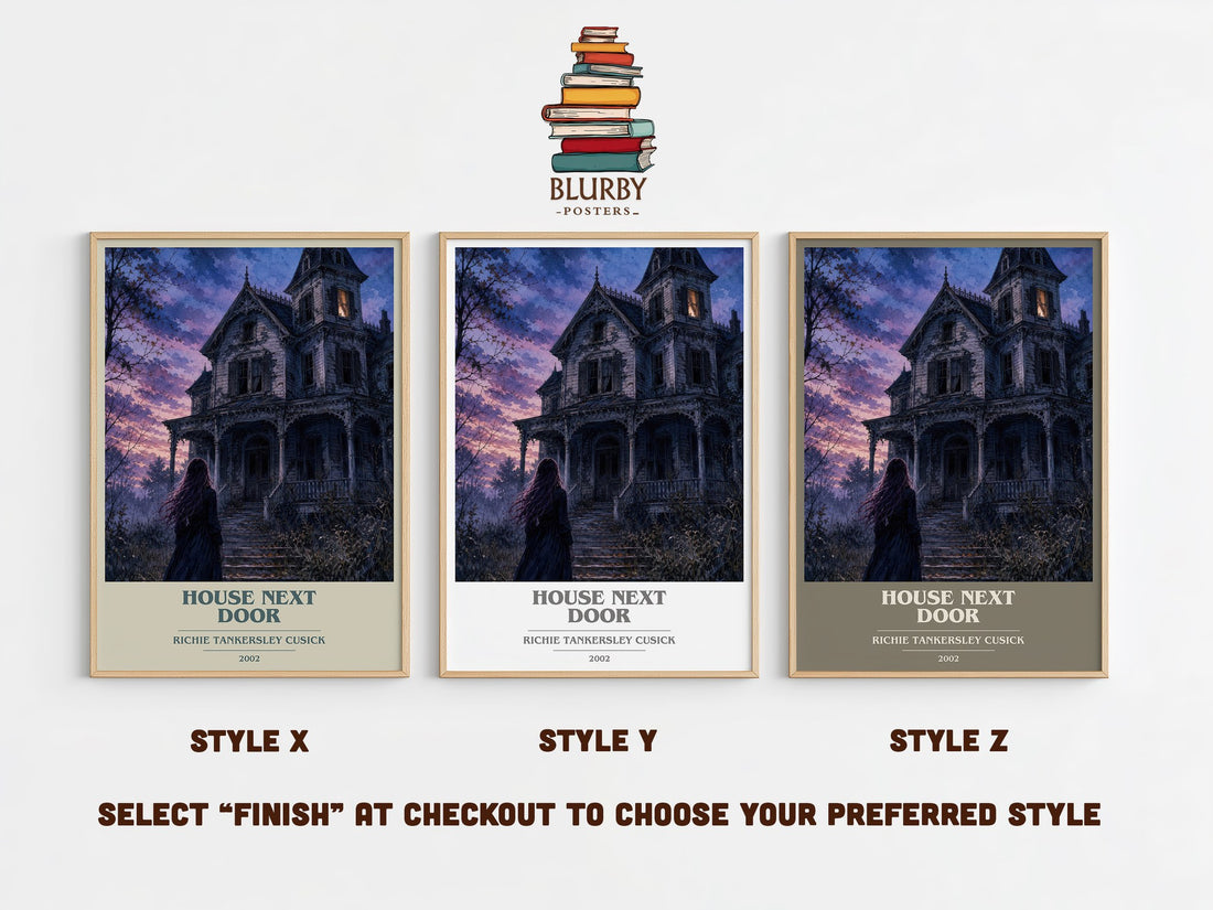 House Next Door book cover print in frame leaning in hallway – thriller wall art (mockup)