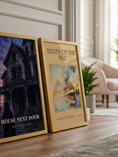 House Next Door watercolour print framed by window – literary home decor