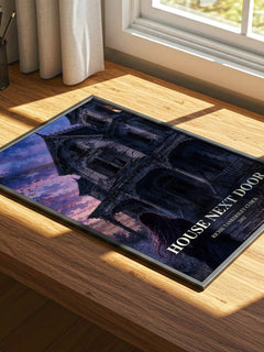 House Next Door watercolour book poster framed on wall – thriller wall art