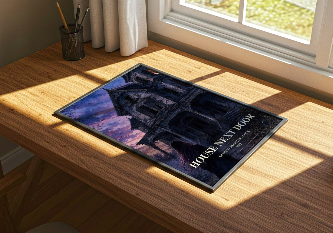 House Next Door watercolour book poster framed on wall – thriller wall art