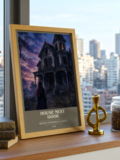 House Next Door book cover print framed by window – literary home decor