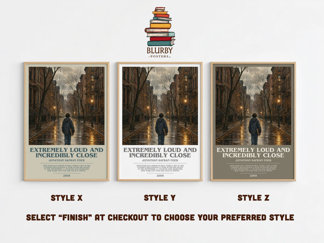 Extremely Loud and Incredibly Close bookish print in frame leaning in hallway – contemporary fiction wall art (mockup)