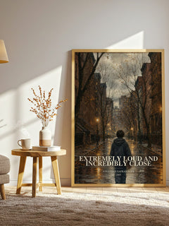 Extremely Loud and Incredibly Close watercolour print in frame leaning in hallway – contemporary fiction wall art