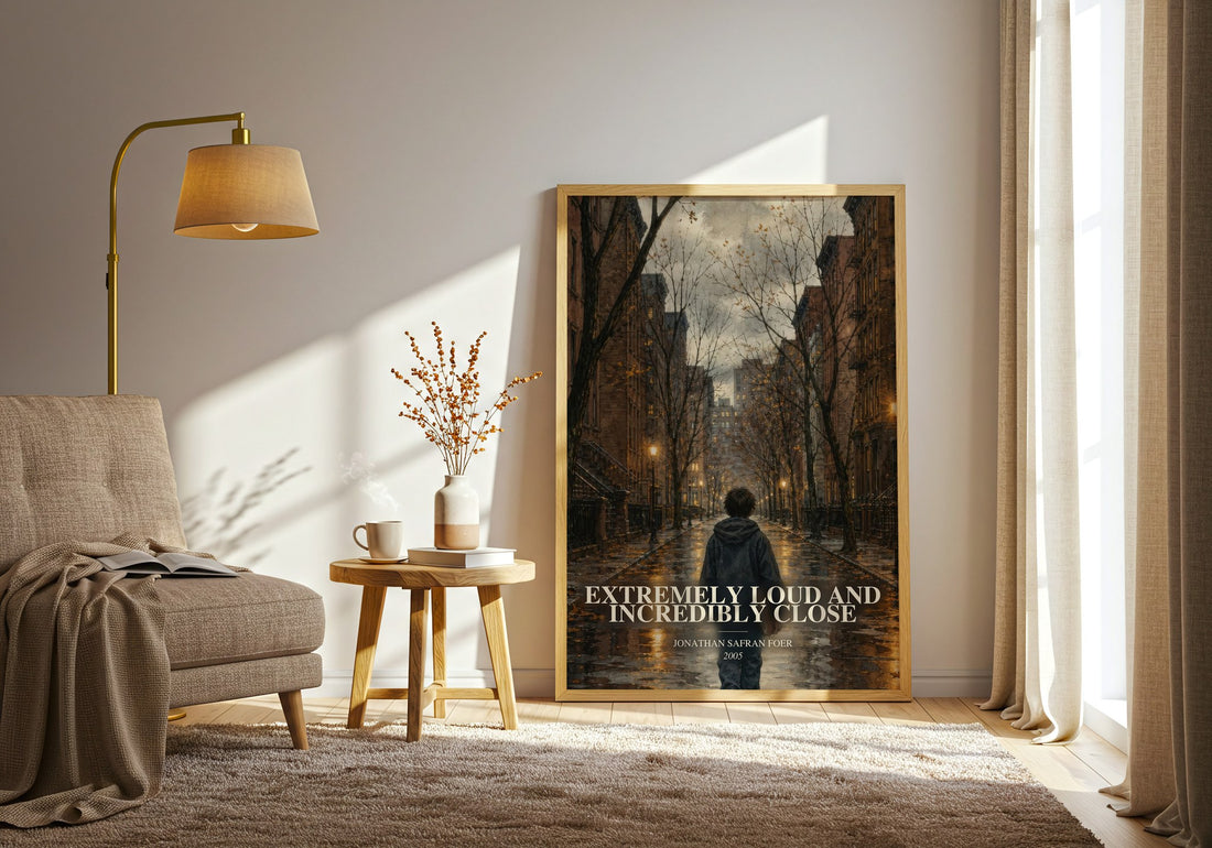 Extremely Loud and Incredibly Close watercolour print in frame leaning in hallway – contemporary fiction wall art