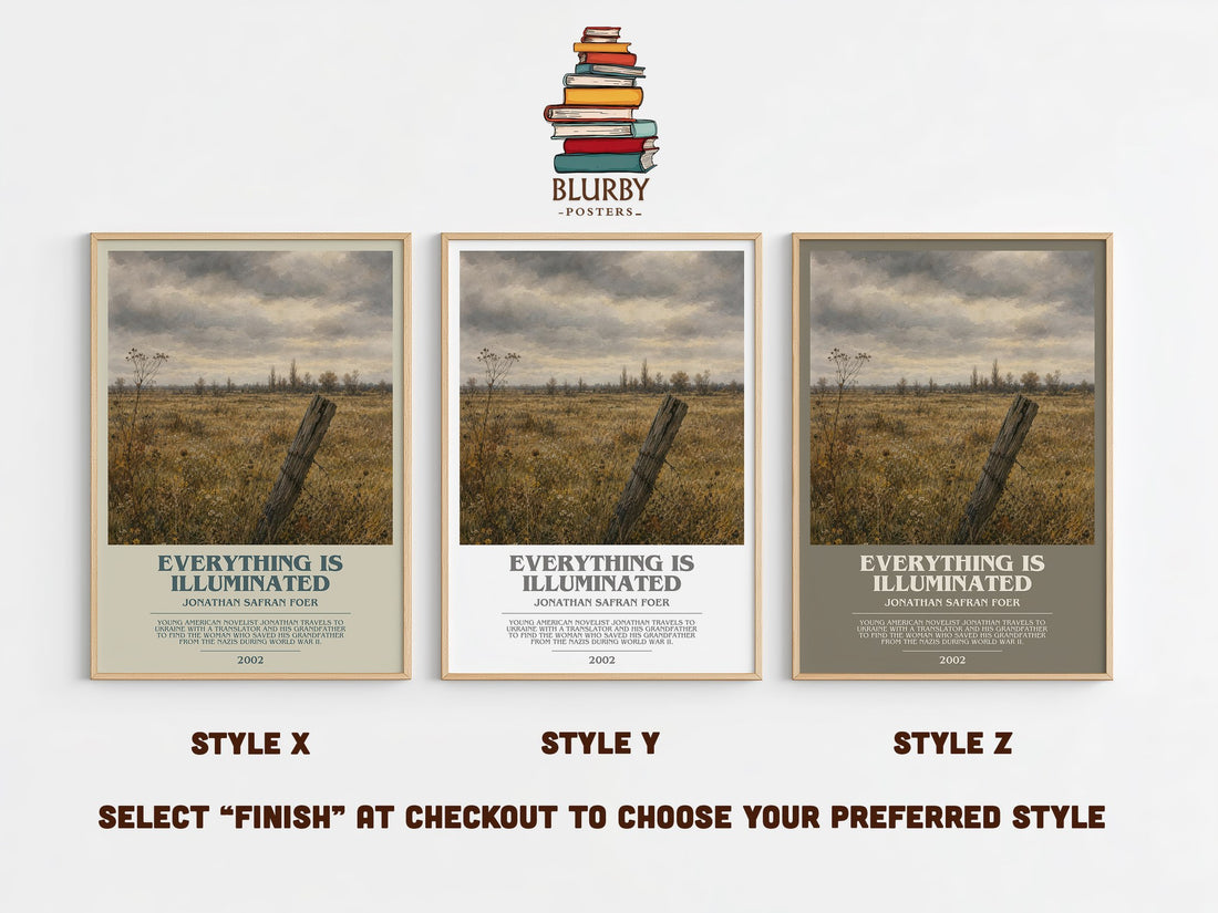 Everything Is Illuminated bookish print in frame leaning in hallway – contemporary fiction wall art (mockup)