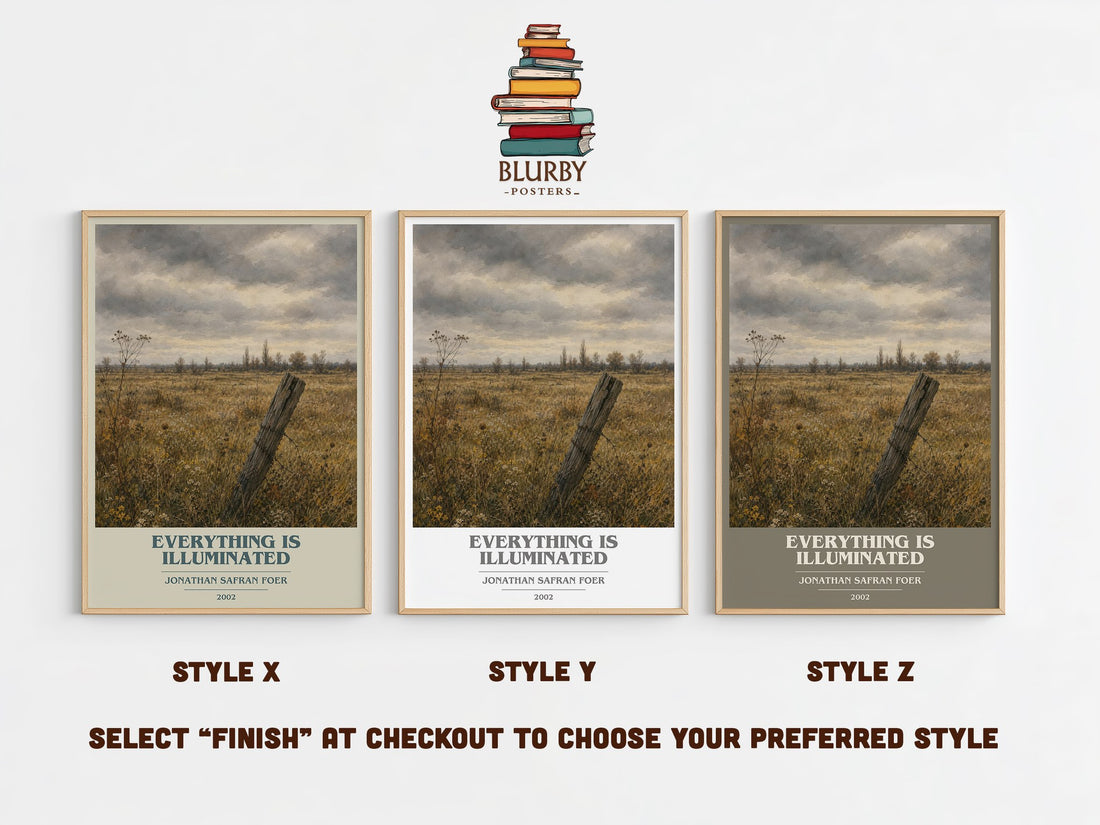 Everything Is Illuminated book cover print in frame leaning in hallway – contemporary fiction wall art (mockup)