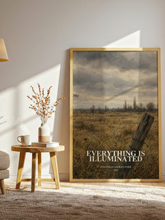 Everything Is Illuminated watercolour print in frame leaning in hallway – contemporary fiction wall art