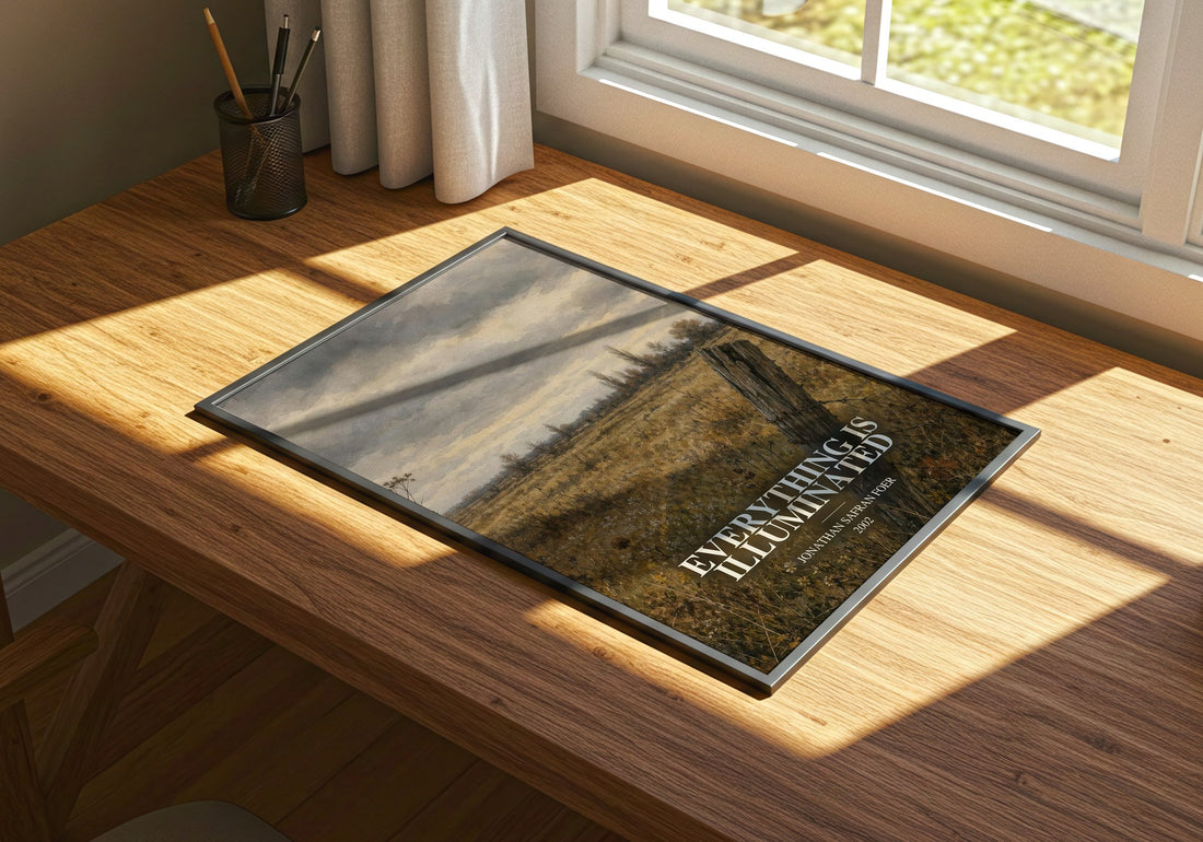 Everything Is Illuminated watercolour book poster framed on wall – contemporary fiction wall art