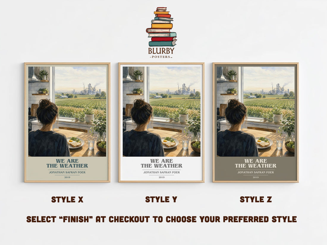 We are the weather book cover print in frame leaning in hallway – non fiction wall art (mockup)