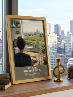 We are the weather book cover print framed by window – literary home decor