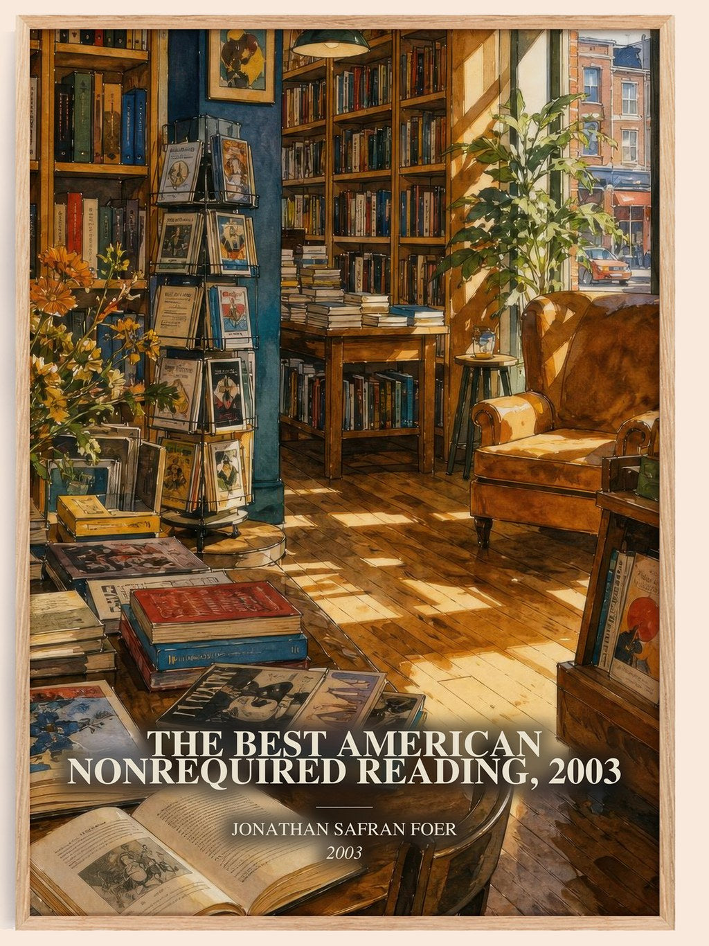 The best American nonrequired reading, 2003 watercolour book poster by Jonathan Safran Foer – framed literary art print