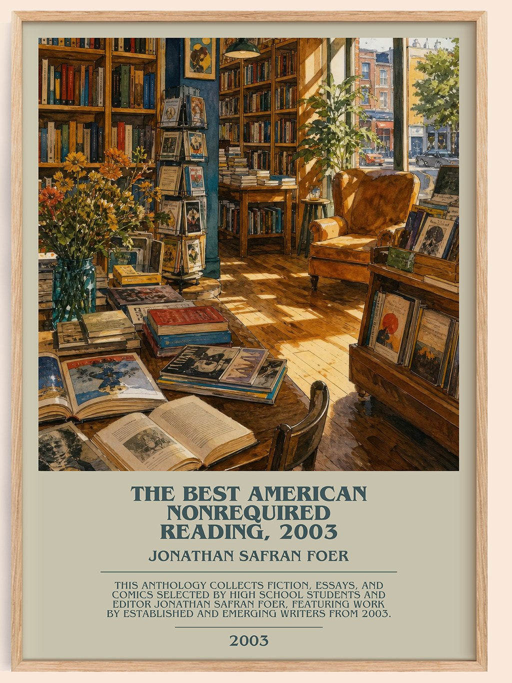 The best American nonrequired reading, 2003 bookish book poster by Jonathan Safran Foer – framed literary art print