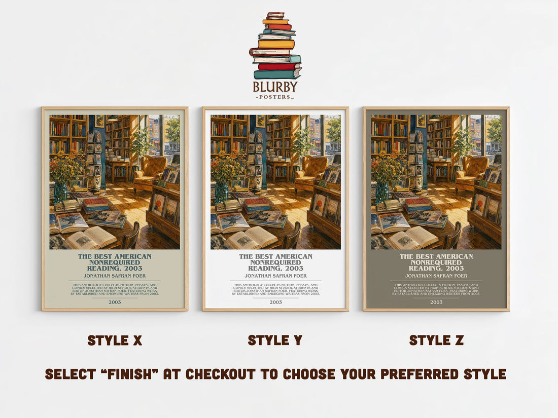 The best American nonrequired reading, 2003 bookish print in frame leaning in hallway – non fiction wall art (mockup)