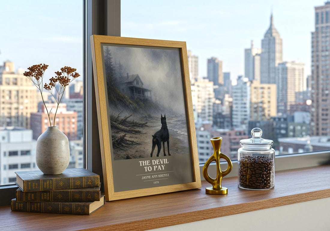 The Devil To Pay book cover print framed by window – literary home decor