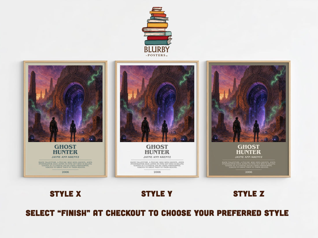 Ghost Hunter bookish print in frame leaning in hallway – romance wall art (mockup)