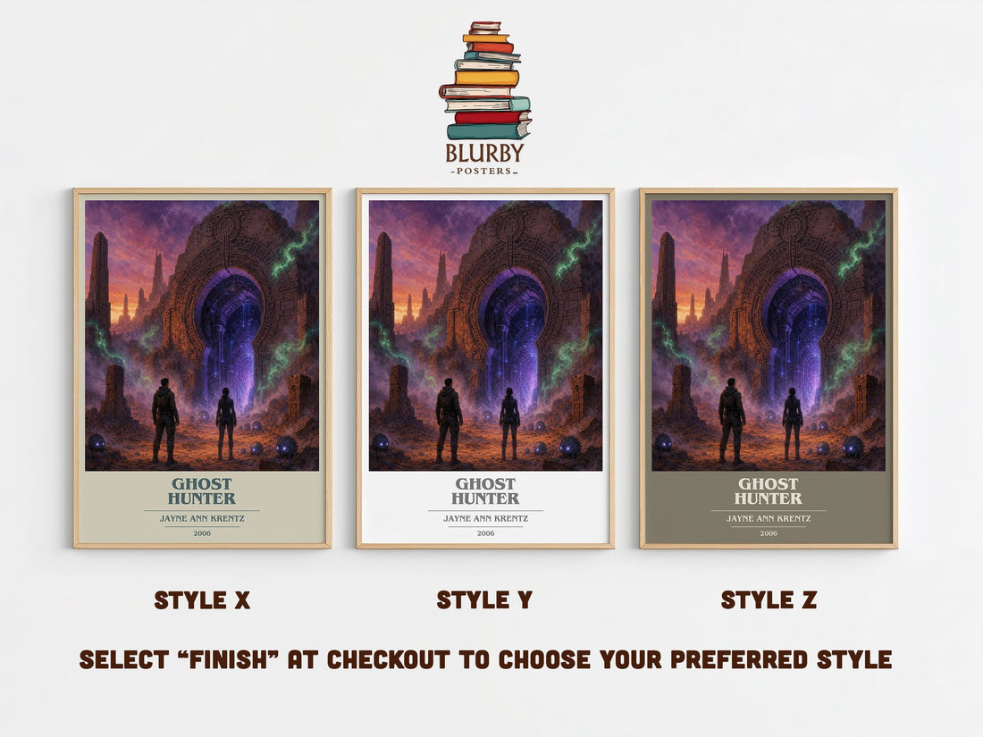 Ghost Hunter book cover print in frame leaning in hallway – romance wall art (mockup)