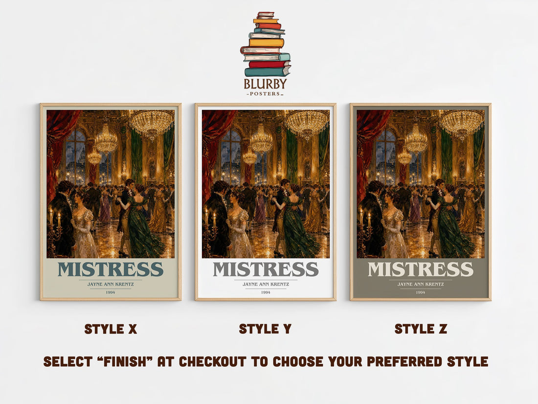 Mistress book cover print in frame leaning in hallway – romance wall art (mockup)