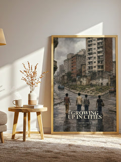Growing up in cities watercolour print in frame leaning in hallway – non fiction wall art