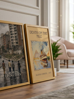Growing up in cities watercolour print framed by window – literary home decor