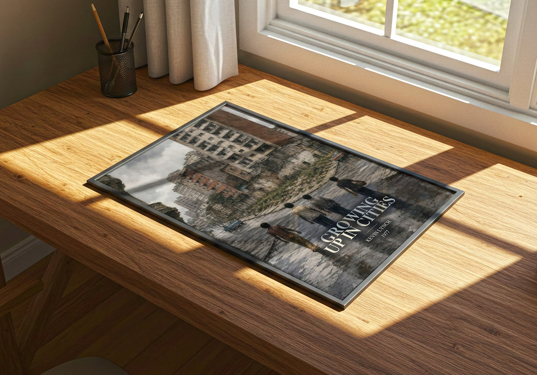 Growing up in cities watercolour book poster framed on wall – non fiction wall art