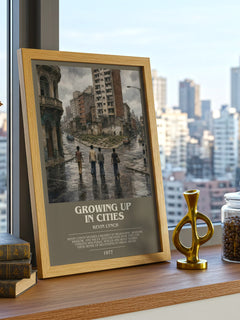 Growing up in cities bookish print framed by window – literary home decor