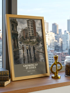 Growing up in cities book cover print framed by window – literary home decor