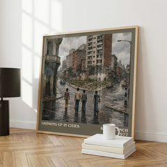 Growing up in cities literary print framed by window – literary home decor