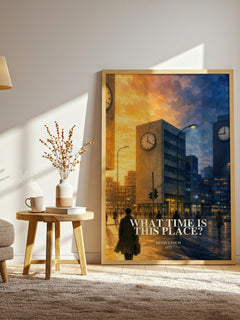 What Time is This Place? watercolour print in frame leaning in hallway – non fiction wall art