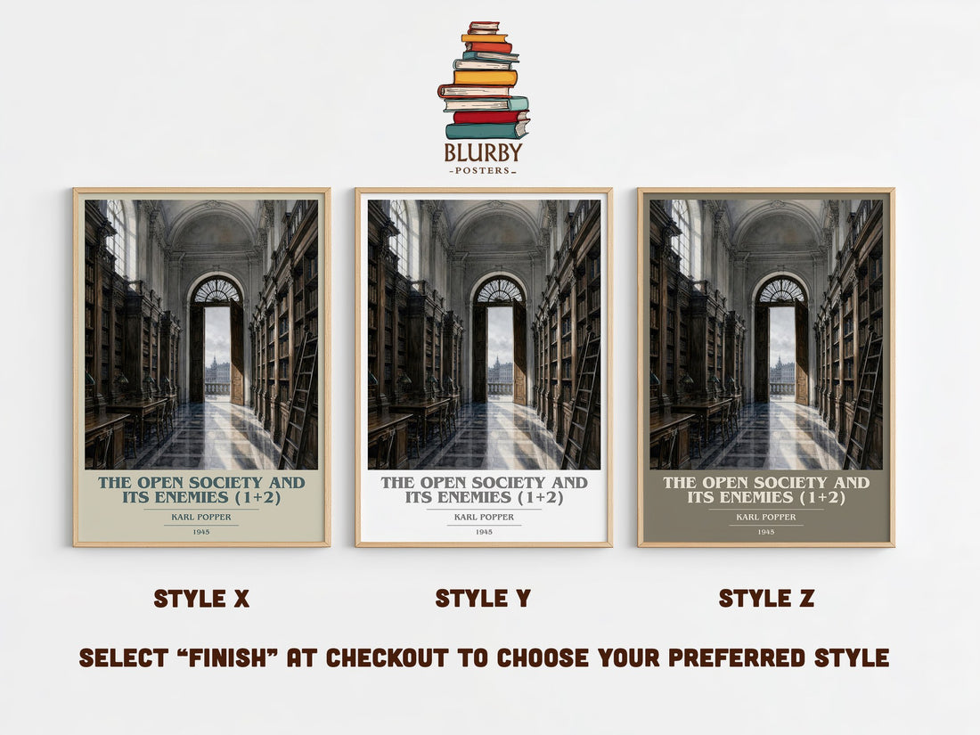 The Open Society and Its Enemies (1+2) book cover print in frame leaning in hallway – philosophy wall art (mockup)
