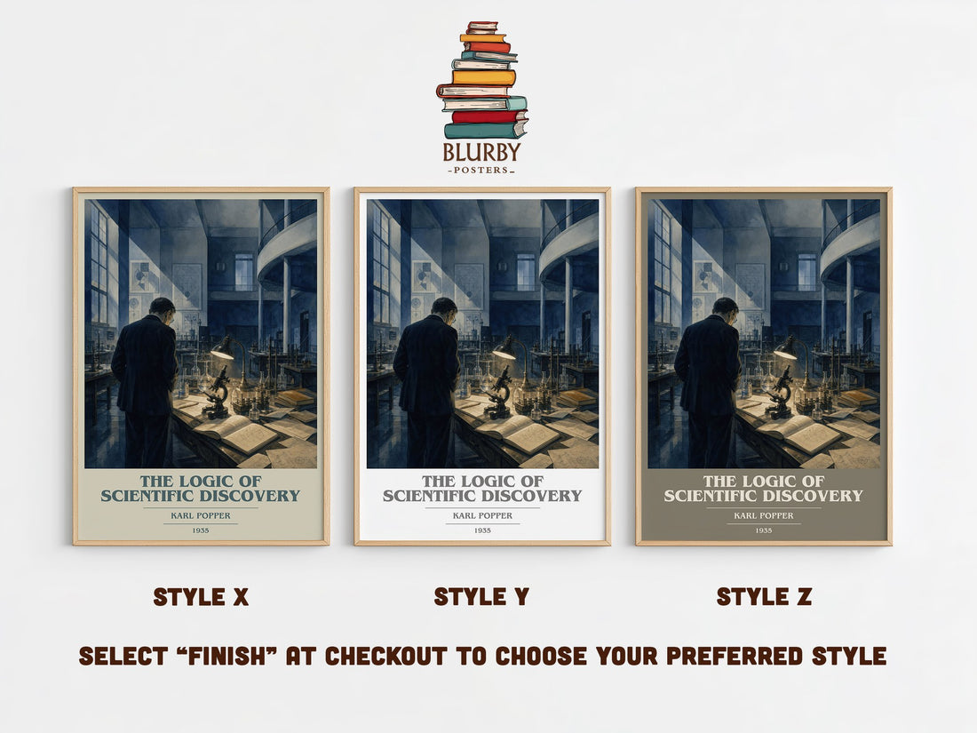 The Logic of Scientific Discovery book cover print in frame leaning in hallway – philosophy wall art (mockup)