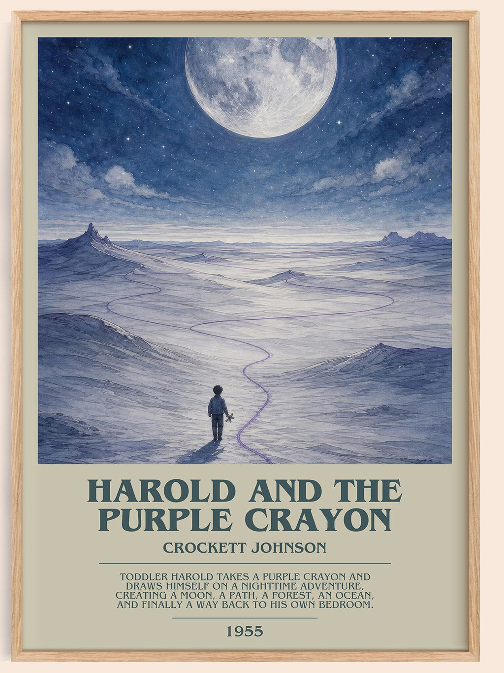 Harold and the Purple Crayon bookish book poster by Crockett Johnson – framed literary art print