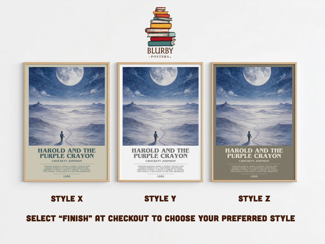 Harold and the Purple Crayon bookish print in frame leaning in hallway – childrens wall art (mockup)