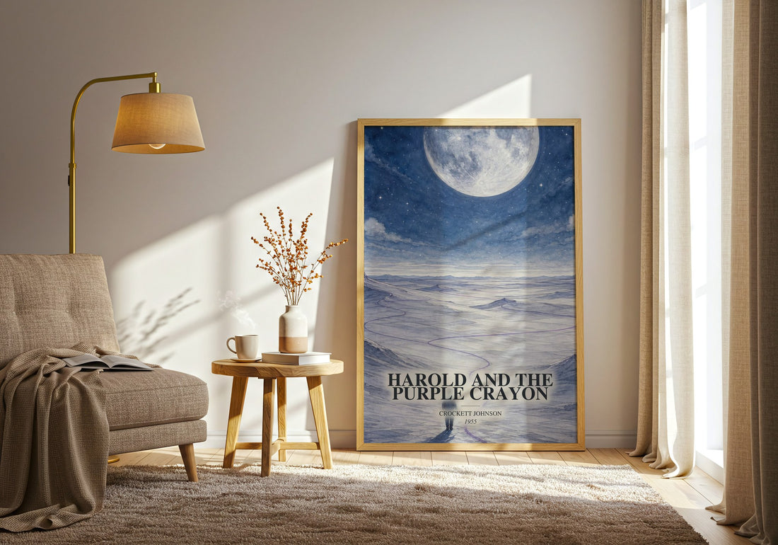 Harold and the Purple Crayon watercolour print in frame leaning in hallway – childrens wall art