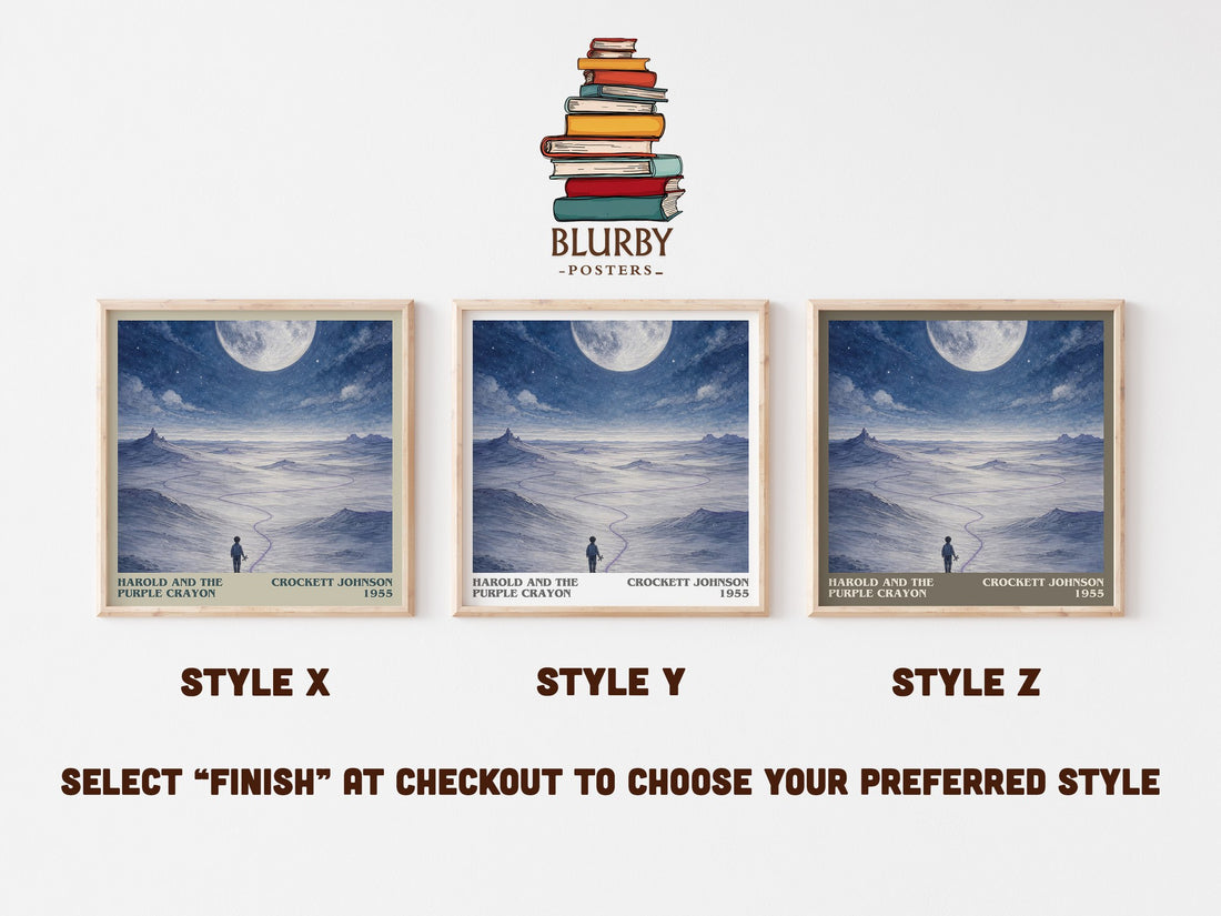 Harold and the Purple Crayon literary print in frame leaning in hallway – childrens wall art (mockup)