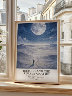 Harold and the Purple Crayon Book Cover Poster by Crockett Johnson – framed print by a bright window